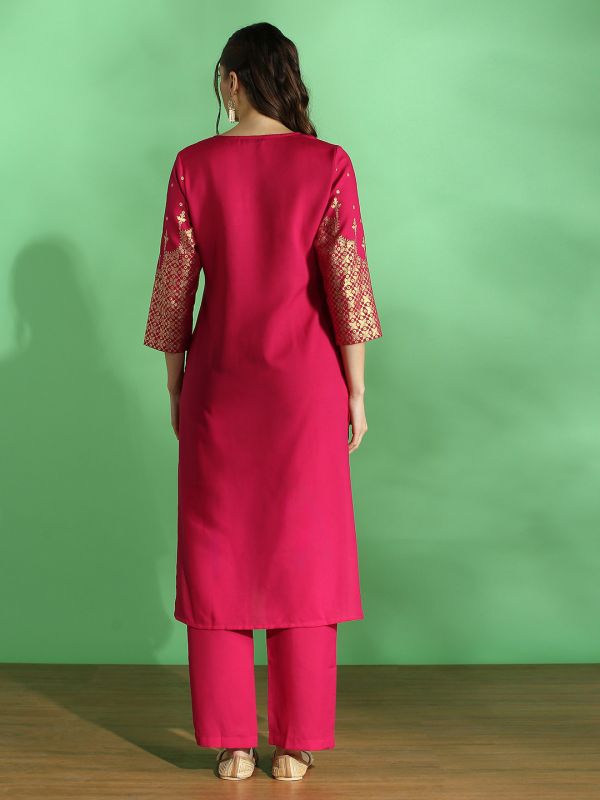 Globus Women Pink Round Neck Floral Ethnic Foil Print Straight Festive Kurta & Pant Set