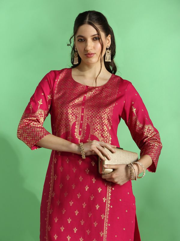 Globus Women Pink Round Neck Floral Ethnic Foil Print Straight Festive Kurta & Pant Set