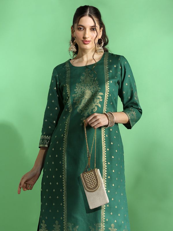 Globus Women Green Round Neck Ethnic Foil Print Straight Festive Kurta & Pant Set