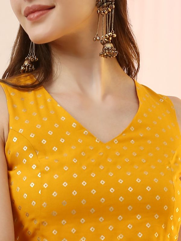 Globus Women Mustard V-Neck Bandhani Print Crop Top with Flared Hem Skirt & Dupatta Festive Co-Ord Set