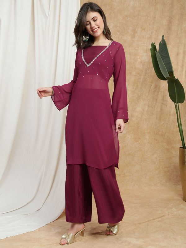 Globus Women Maroon V-Neck Bell Sleeves Sequin Embellished Detail Kurta with Crop Top & Wide Leg Trouser Festive Set