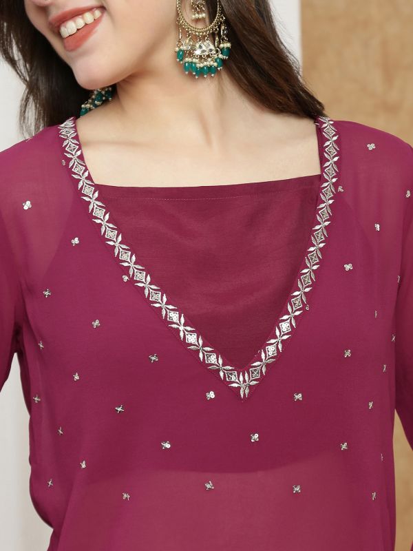 Globus Women Maroon V-Neck Bell Sleeves Sequin Embellished Detail Kurta with Crop Top & Wide Leg Trouser Festive Set