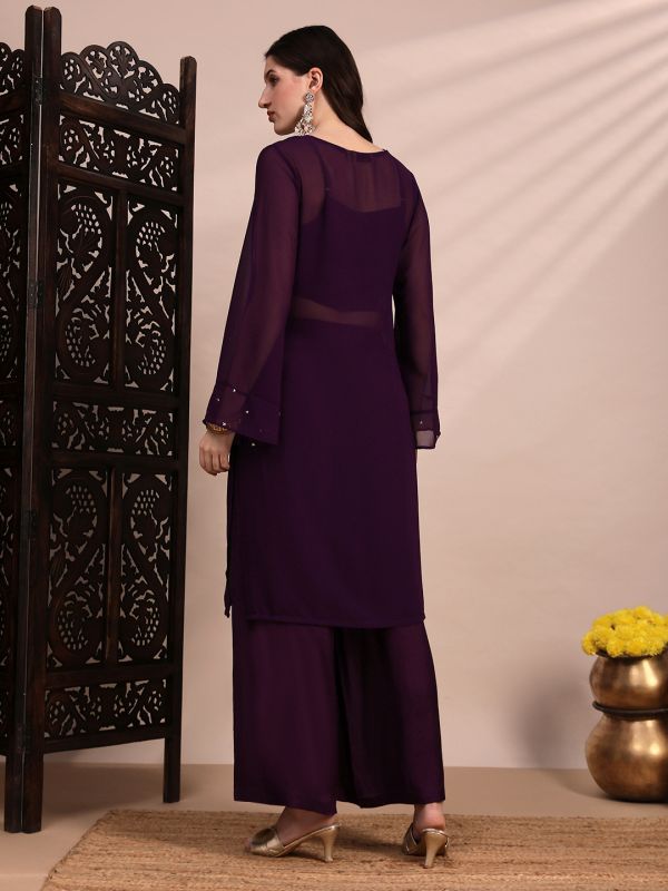 Globus Women Purple V-Neck Bell Sleeves Sequin Embellished Detail Kurta with Crop Top & Wide Leg Trouser Festive Set