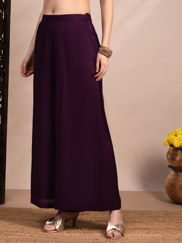 Globus Women Purple V-Neck Bell Sleeves Sequin Embellished Detail Kurta with Crop Top & Wide Leg Trouser Festive Set
