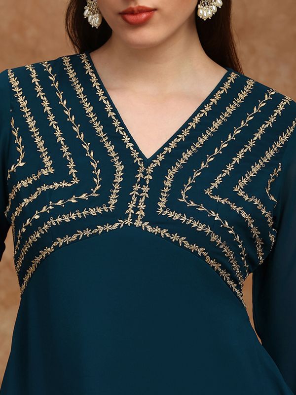 Globus Women Teal V-Neck Floral Zari Embroidered Yoke Georgette A-Line Kurta With Sharara Festive Set