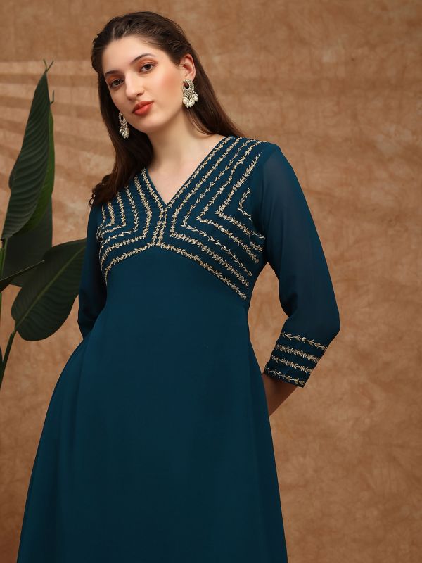 Globus Women Teal V-Neck Floral Zari Embroidered Yoke Georgette A-Line Kurta With Sharara Festive Set