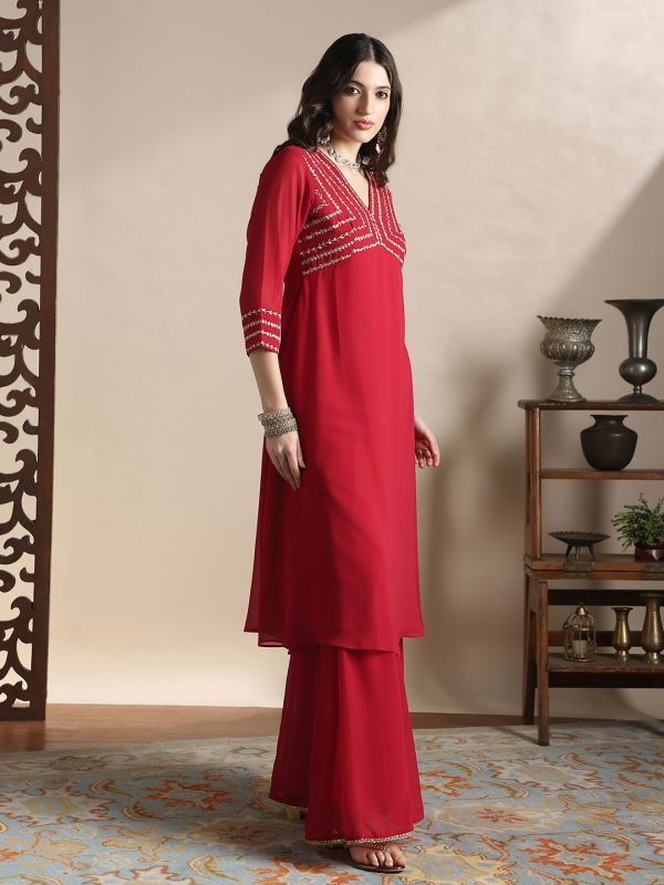 Globus Women Red V-Neck Floral Zari Embroidered Yoke Georgette A-Line Kurta With Sharara Festive Set