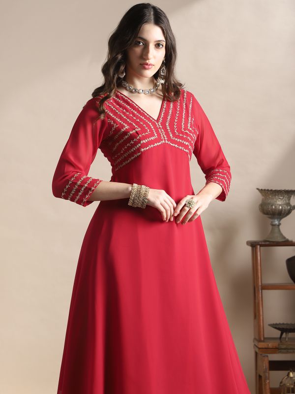 Globus Women Red V-Neck Floral Zari Embroidered Yoke Georgette A-Line Kurta With Sharara Festive Set