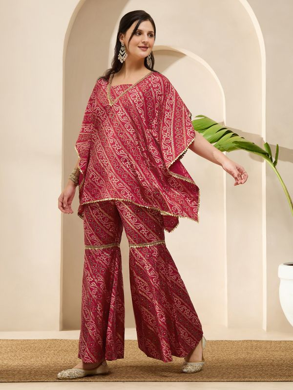 Globus Women Red Bandhani Ethnic Gold Foil Print V-Neck Kimono Sleeves Lace Detail Kaftan Tunic & Sharara Festive Co-Ord Set