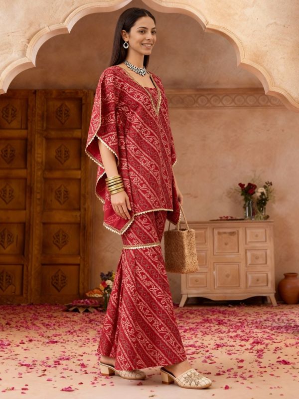 Globus Women Red Bandhani Ethnic Gold Foil Print V-Neck Kimono Sleeves Lace Detail Kaftan Tunic & Sharara Festive Co-Ord Set