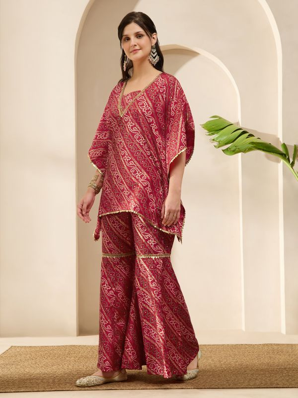 Globus Women Red Bandhani Ethnic Gold Foil Print V-Neck Kimono Sleeves Lace Detail Kaftan Tunic & Sharara Festive Co-Ord Set