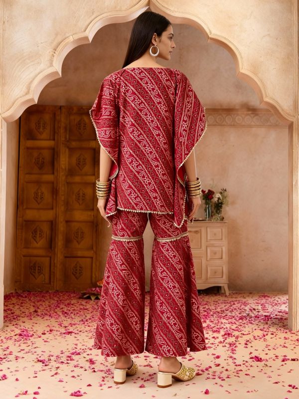 Globus Women Red Bandhani Ethnic Gold Foil Print V-Neck Kimono Sleeves Lace Detail Kaftan Tunic & Sharara Festive Co-Ord Set
