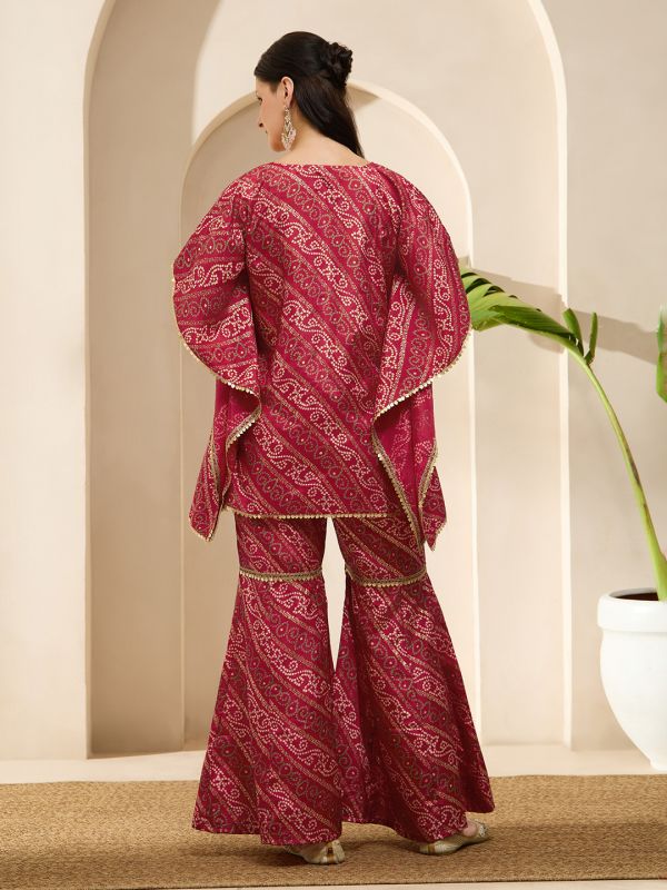 Globus Women Red Bandhani Ethnic Gold Foil Print V-Neck Kimono Sleeves Lace Detail Kaftan Tunic & Sharara Festive Co-Ord Set