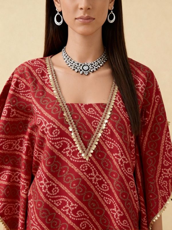 Globus Women Red Bandhani Ethnic Gold Foil Print V-Neck Kimono Sleeves Lace Detail Kaftan Tunic & Sharara Festive Co-Ord Set