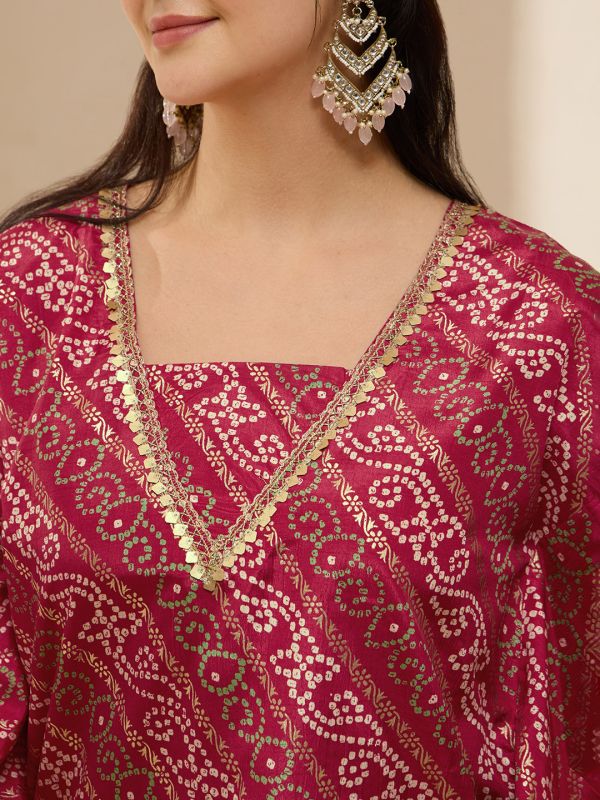 Globus Women Red Bandhani Ethnic Gold Foil Print V-Neck Kimono Sleeves Lace Detail Kaftan Tunic & Sharara Festive Co-Ord Set