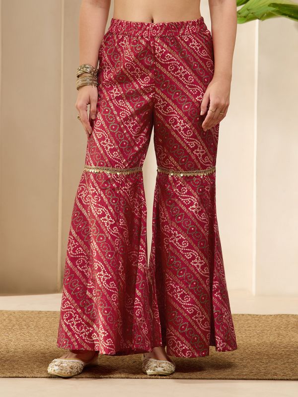 Globus Women Red Bandhani Ethnic Gold Foil Print V-Neck Kimono Sleeves Lace Detail Kaftan Tunic & Sharara Festive Co-Ord Set