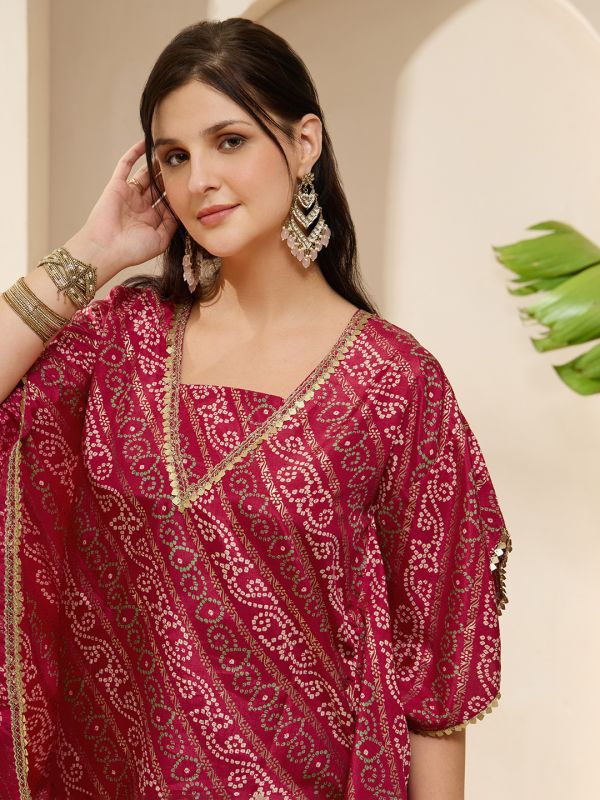 Globus Women Red Bandhani Ethnic Gold Foil Print V-Neck Kimono Sleeves Lace Detail Kaftan Tunic & Sharara Festive Co-Ord Set