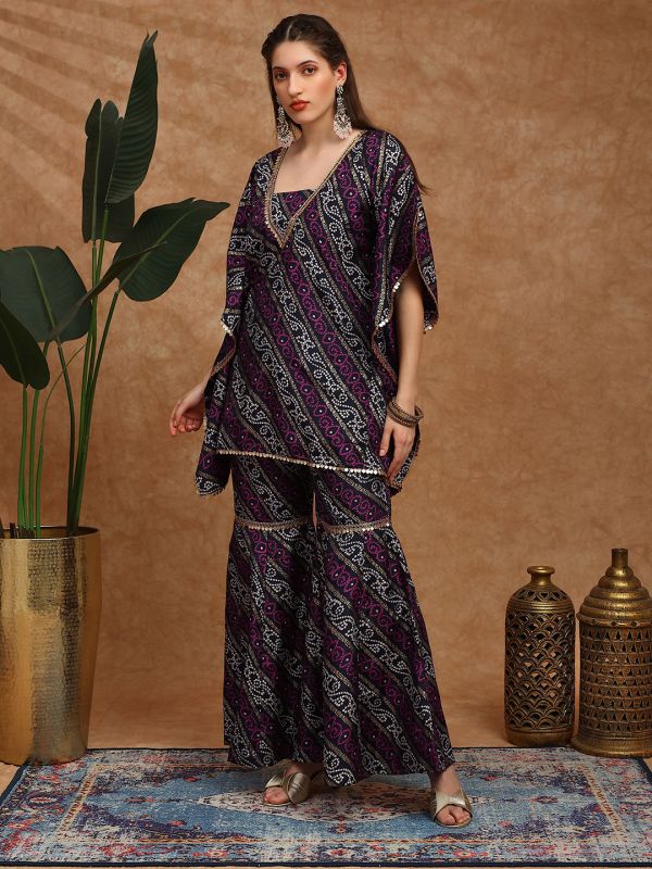 Globus Women Navy Blue Bandhani Ethnic Gold Foil Print V-Neck Kimono Sleeves Coin Detail Tunic & Sharara Festive Co-Ord Set