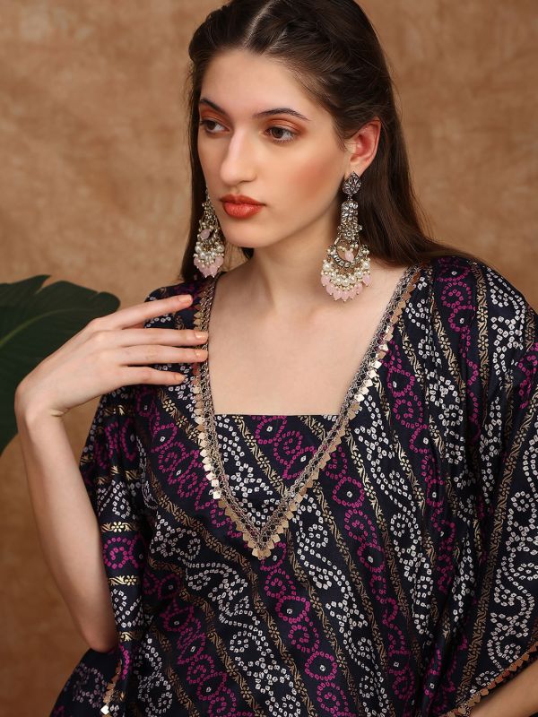 Globus Women Navy Blue Bandhani Ethnic Gold Foil Print V-Neck Kimono Sleeves Coin Detail Tunic & Sharara Festive Co-Ord Set