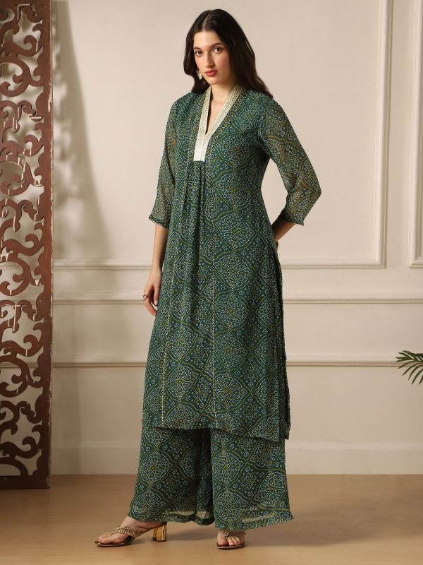 Globus Women Green Zari Lace V-Neck Bandhani Print Panelled Gotta Patti Georgette A-Line Kurta &�Palazzos Festive Set
