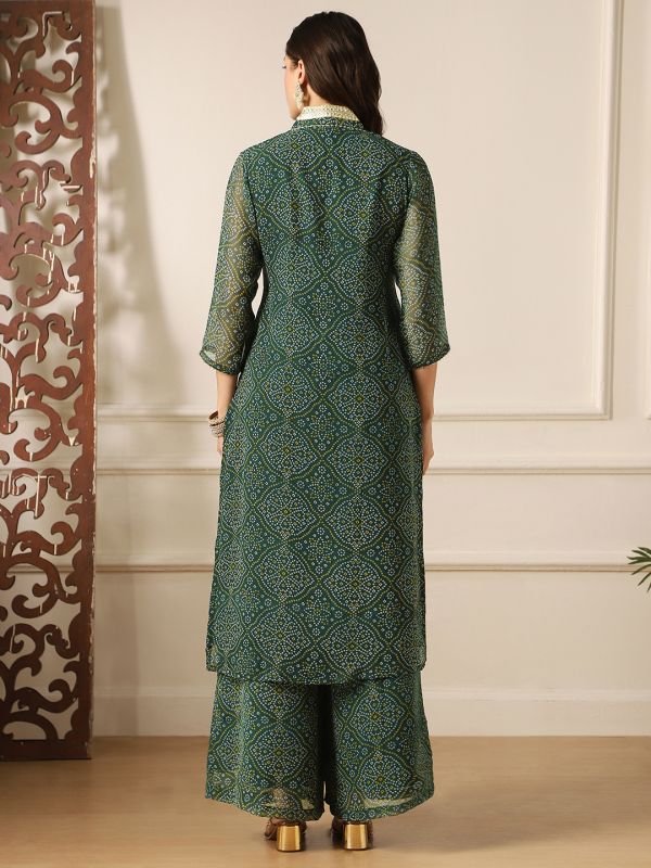 Globus Women Green Zari Lace V-Neck Bandhani Print Panelled Gotta Patti Georgette A-Line Kurta &�Palazzos Festive Set