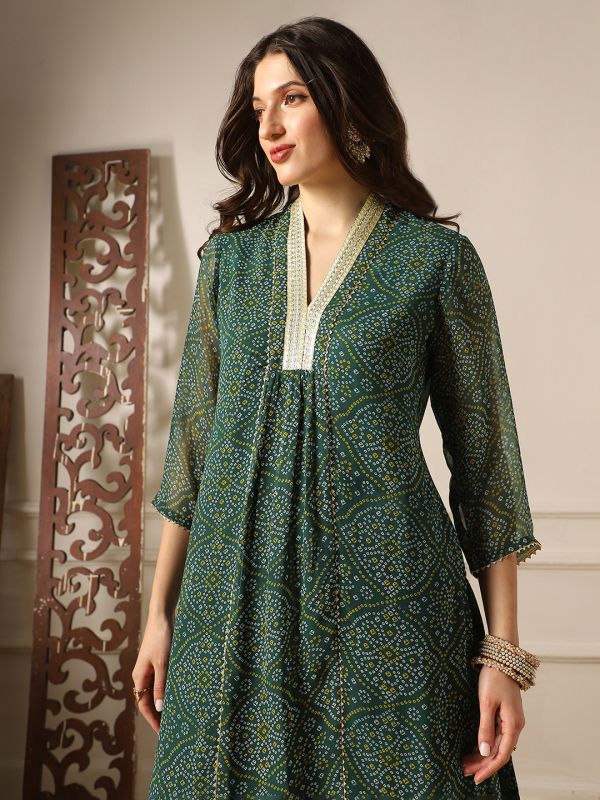 Globus Women Green Zari Lace V-Neck Bandhani Print Panelled Gotta Patti Georgette A-Line Kurta &�Palazzos Festive Set