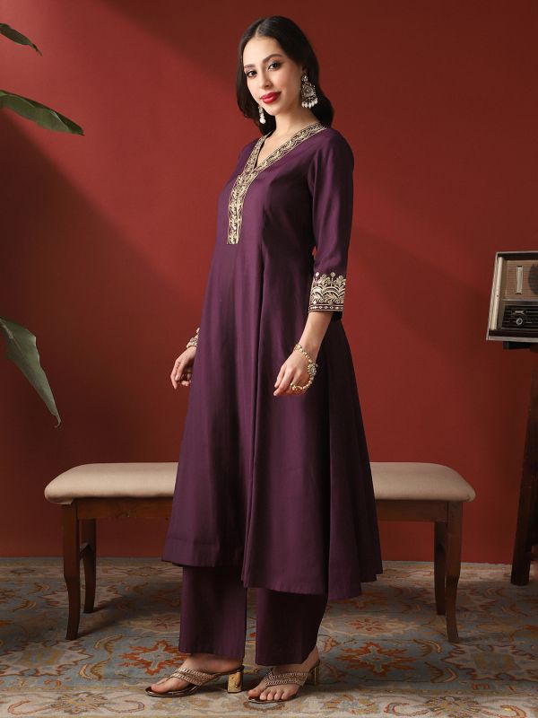 Globus Women Purple Zari Embroidered V-Neck Panelled Anarkali Kurta & Wide Leg Pants Festive Set