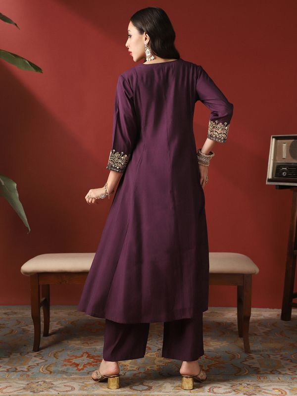 Globus Women Purple Zari Embroidered V-Neck Panelled Anarkali Kurta & Wide Leg Pants Festive Set