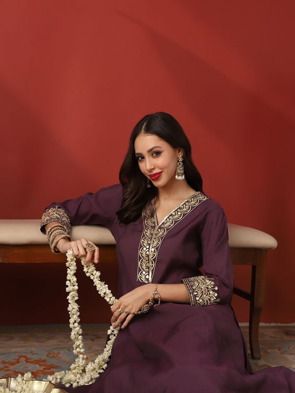 Globus Women Purple Zari Embroidered V-Neck Panelled Anarkali Kurta & Wide Leg Pants Festive Set