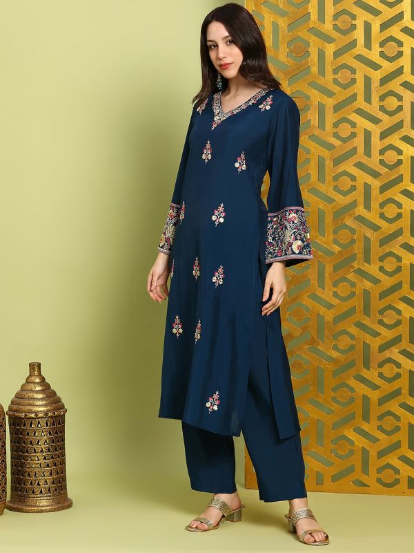 Globus Women Navy Blue Floral Sequin Embroidered V-Neck Bell Sleeves A-Line Kurta With Wide Leg Pants Festive Set