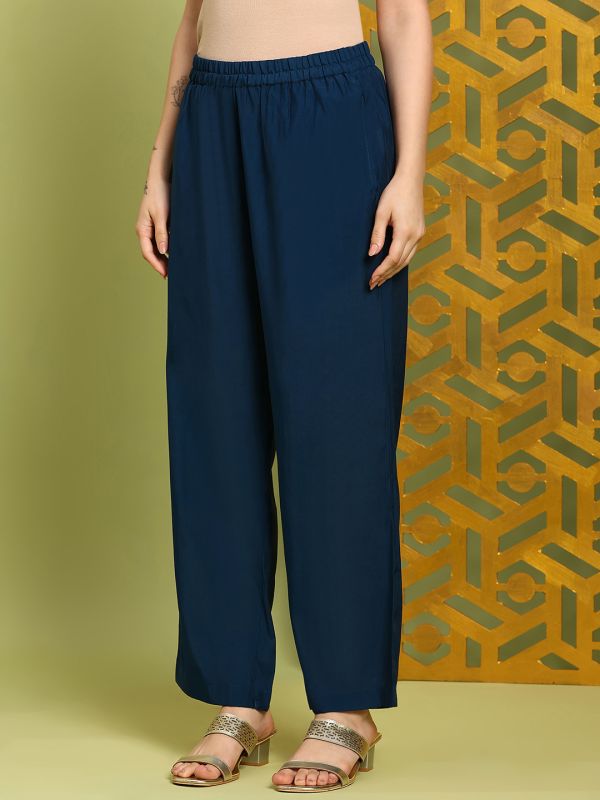 Globus Women Navy Blue Floral Sequin Embroidered V-Neck Bell Sleeves A-Line Kurta With Wide Leg Pants Festive Set