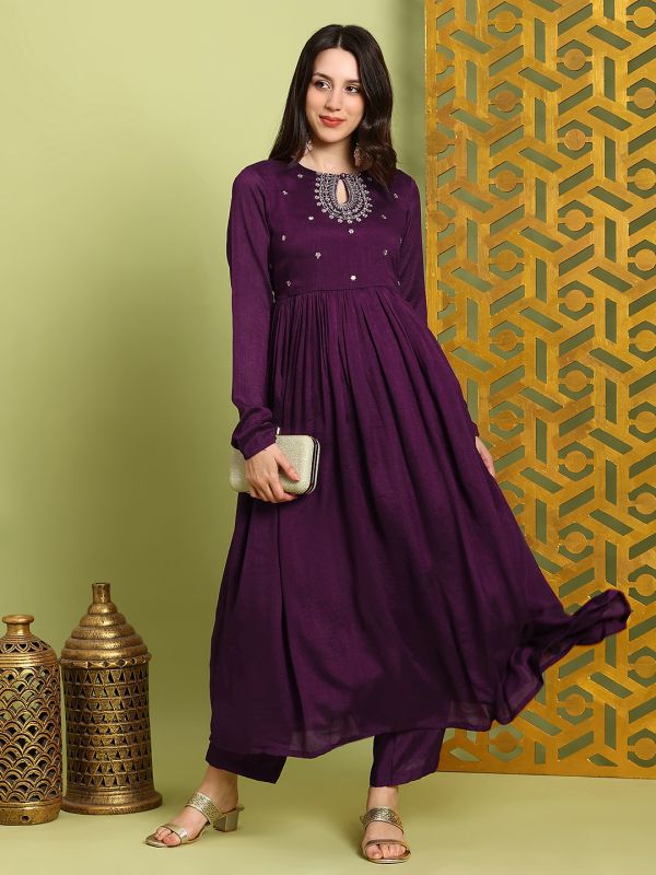 Globus Women Purple Sequin Embroidered Keyhole Neck Anarkali Kurta With Wide Leg Pants Festive Set