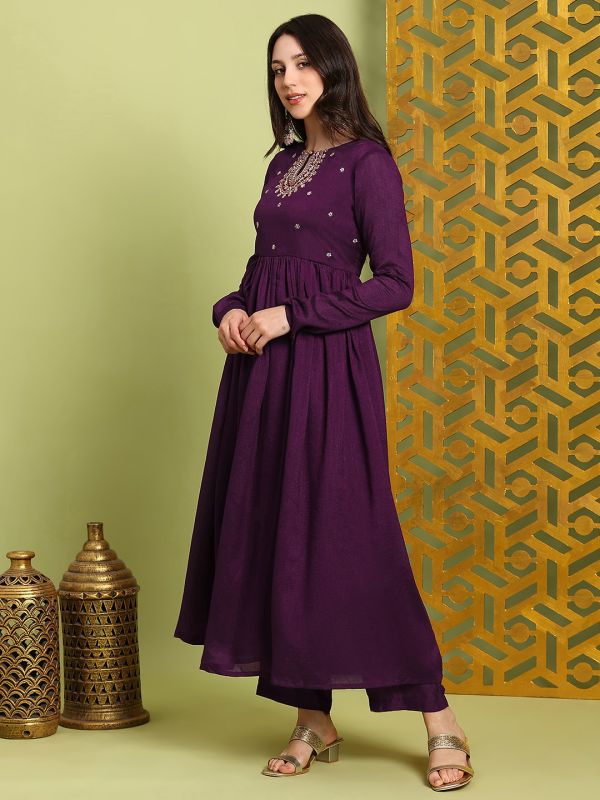 Globus Women Purple Sequin Embroidered Keyhole Neck Anarkali Kurta With Wide Leg Pants Festive Set