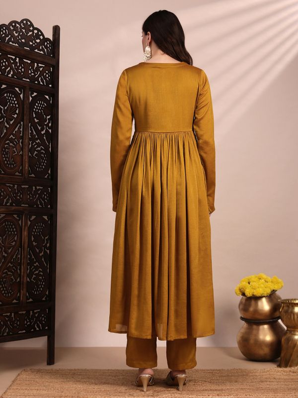 Globus Women Yellow Sequin Embroidered Yoke Keyhole Neck Long Sleeves Anarkali Kurta With Wide Leg Pants Festive Set
