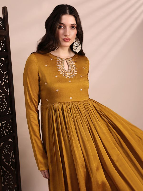 Globus Women Yellow Sequin Embroidered Yoke Keyhole Neck Long Sleeves Anarkali Kurta With Wide Leg Pants Festive Set