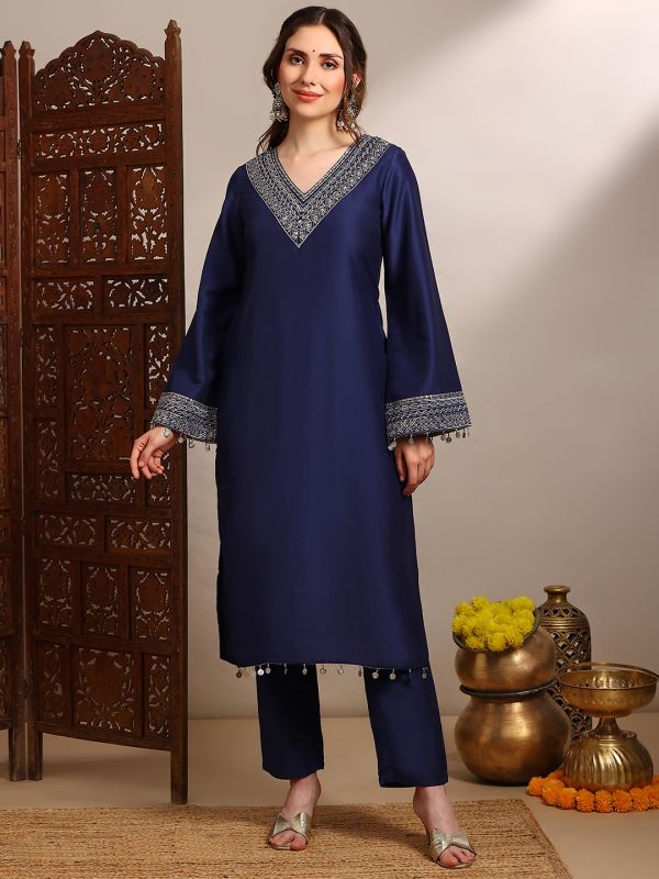Globus Women Blue Sequin Zari Embroidered V-Neck Bell Sleeves Coin Detail Hem Straight Kurta With Pants Festive Set