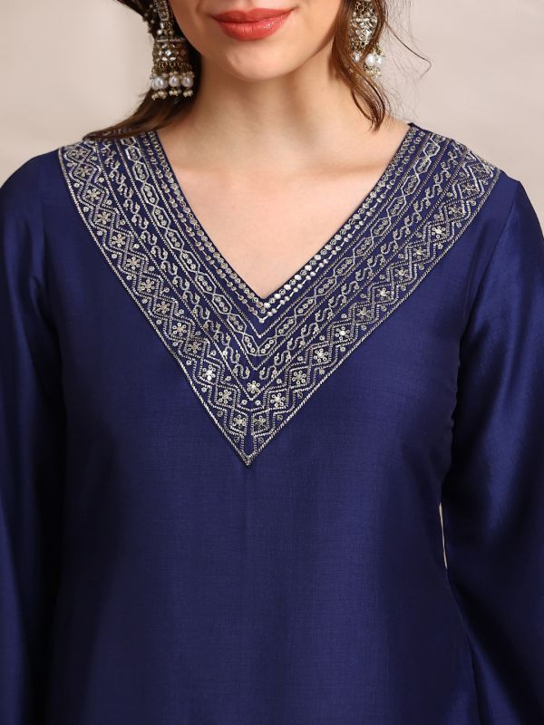 Globus Women Blue Sequin Zari Embroidered V-Neck Bell Sleeves Coin Detail Hem Straight Kurta With Pants Festive Set