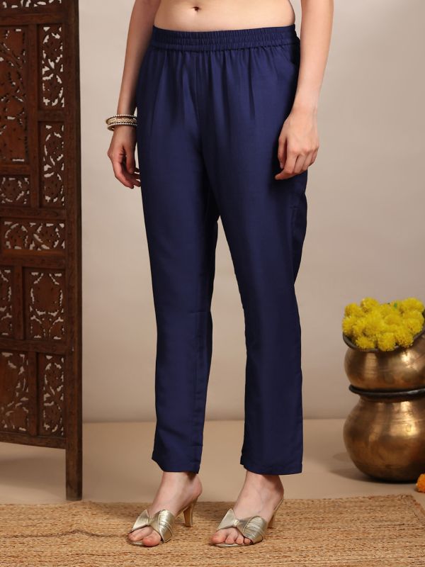 Globus Women Blue Sequin Zari Embroidered V-Neck Bell Sleeves Coin Detail Hem Straight Kurta With Pants Festive Set