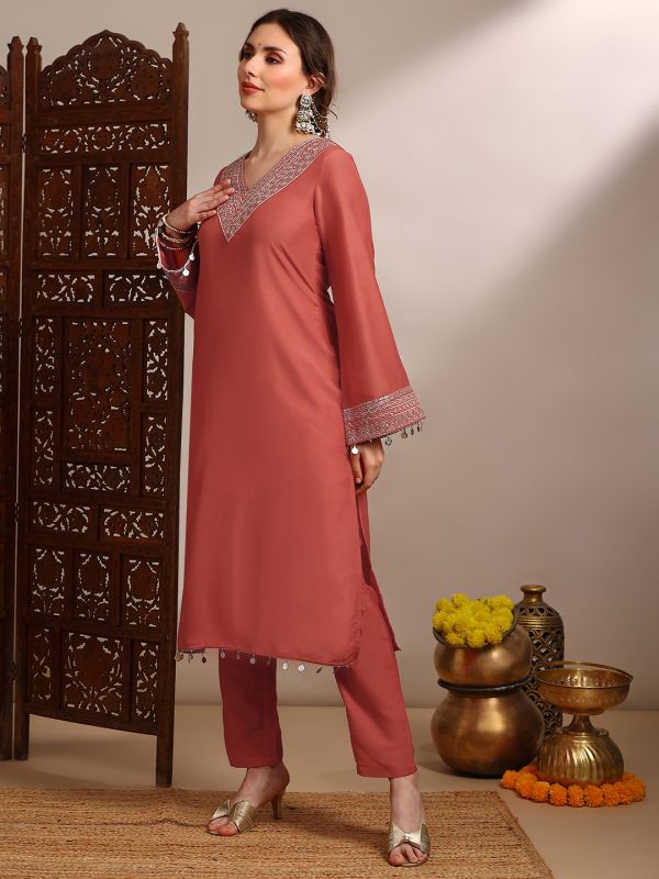 Globus Women Orange Sequin Zari Embroidered V-Neck Bell Sleeves Coin Detail Hem Straight Kurta With Pants Festive Set