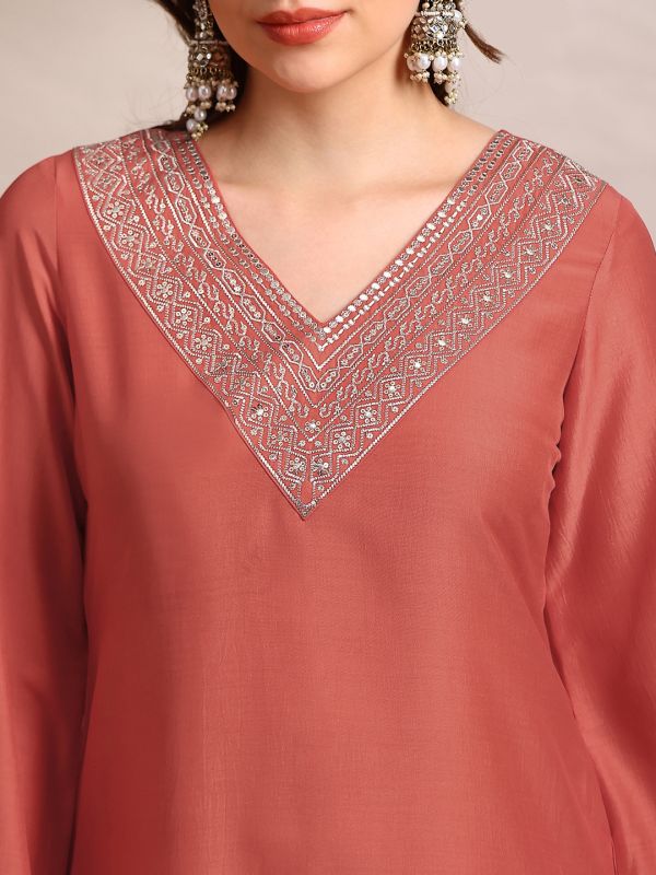 Globus Women Orange Sequin Zari Embroidered V-Neck Bell Sleeves Coin Detail Hem Straight Kurta With Pants Festive Set