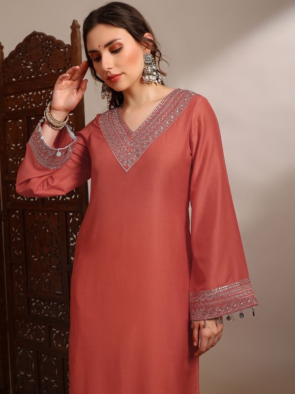 Globus Women Orange Sequin Zari Embroidered V-Neck Bell Sleeves Coin Detail Hem Straight Kurta With Pants Festive Set