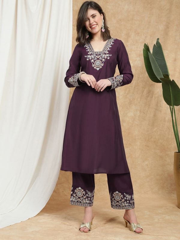 Globus Women Purple V-Neck Long Sleeves Sequin Zari Embroidered A-Line Kurta With Pant Festive Set