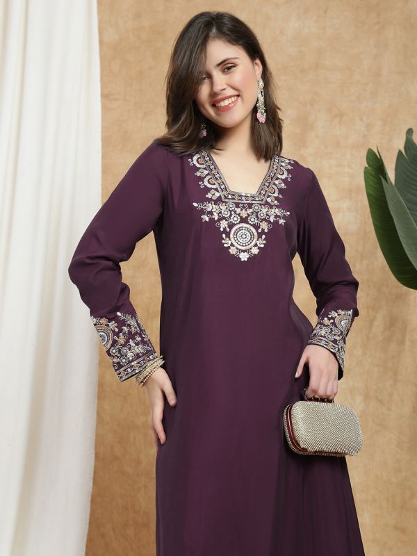 Globus Women Purple V-Neck Long Sleeves Sequin Zari Embroidered A-Line Kurta With Pant Festive Set