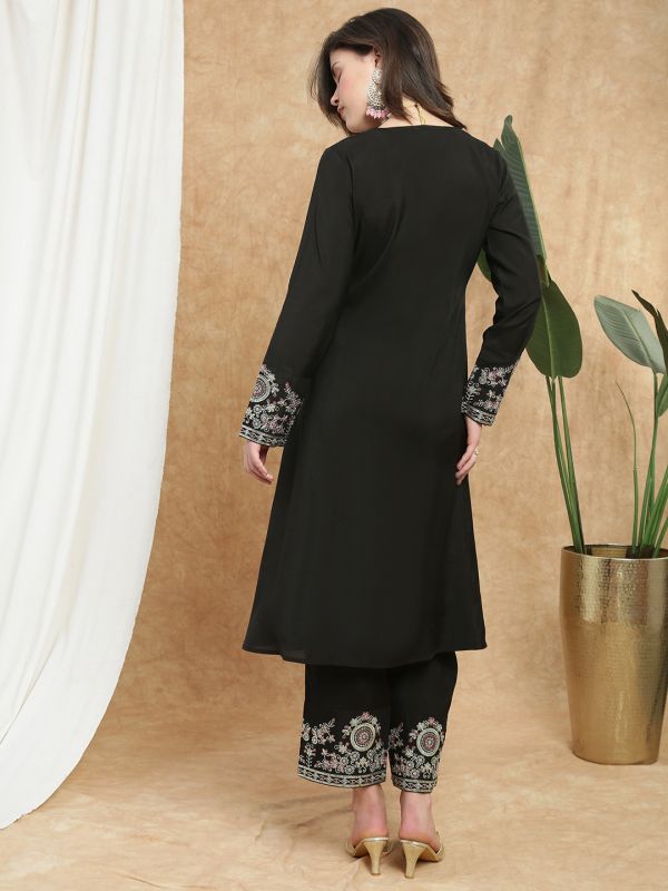 Globus Women Black V-Neck Long Sleeves Sequin Zari Embroidered A-Line Kurta With Pant Festive Set