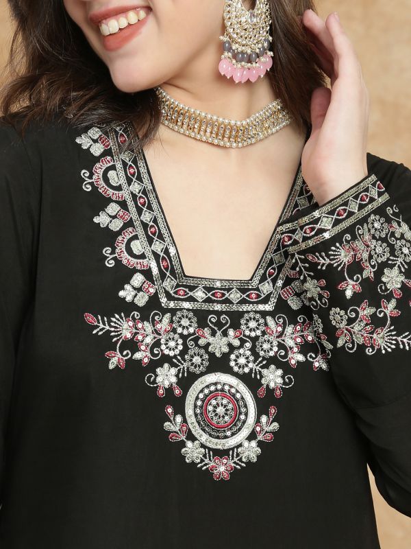 Globus Women Black V-Neck Long Sleeves Sequin Zari Embroidered A-Line Kurta With Pant Festive Set