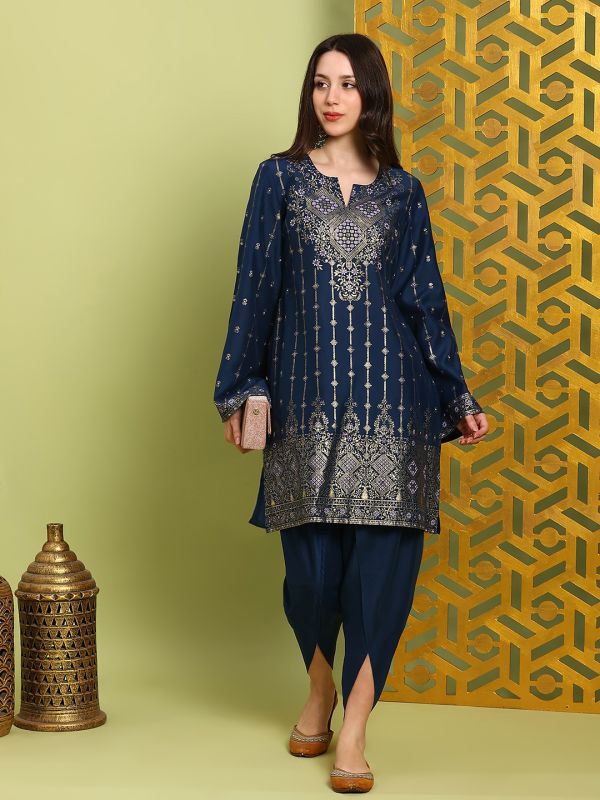 Globus Women Navy Blue Round Neck Bell Sleeves Gold Foil Ethnic Print Straight Kurta With Dhoti Pants Festive Set