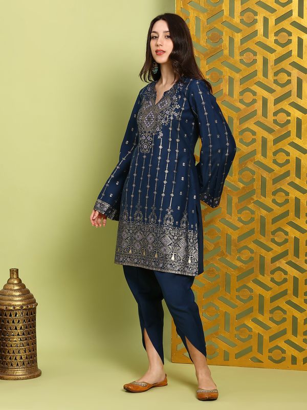 Globus Women Navy Blue Round Neck Bell Sleeves Gold Foil Ethnic Print Straight Kurta With Dhoti Pants Festive Set