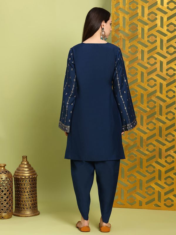 Globus Women Navy Blue Round Neck Bell Sleeves Gold Foil Ethnic Print Straight Kurta With Dhoti Pants Festive Set