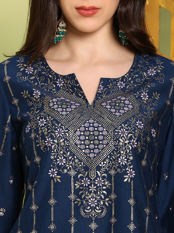 Globus Women Navy Blue Round Neck Bell Sleeves Gold Foil Ethnic Print Straight Kurta With Dhoti Pants Festive Set