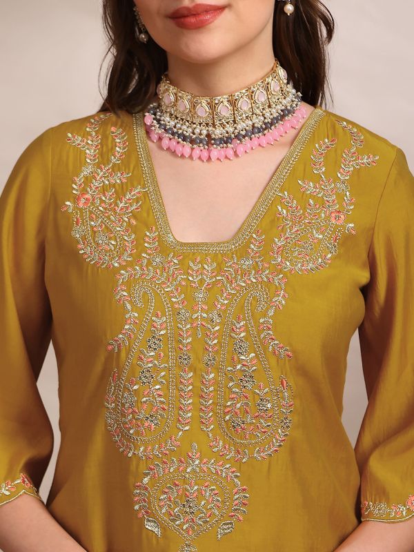 Globus Women Yellow Zari Embroidered Yoke V-Neck Scalloped Bell Sleeves Straight Kurta With Pants Festive Set